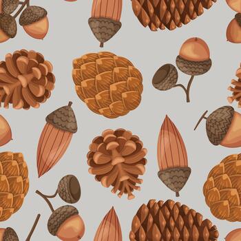 Delightful Seamless Pattern Showcasing The Natural Beauty Of Acorns And Pine Cones, Creating A Charming And Rustic vector