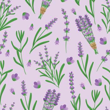 Delicate And Soothing Lavender Seamless Pattern. Repetitive Motif Of Flowers And Leaves, Creating A Tranquil Design vector