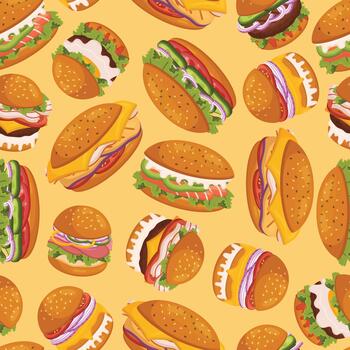 Vibrant And Delicious Seamless Pattern with Different Burgers Arranged In A Playful And Appealing Design, Illustration vector