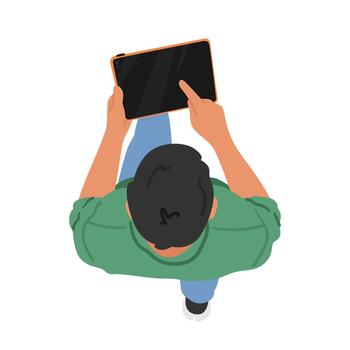 Top View Image Of A Man Walking While Holding A Tablet Device, Male Character Showcasing Modern Technology vector