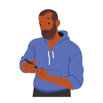 Diabetic Man Character Uses Pen On Finger For Blood Glucose Testing, Ensuring Accurate Monitoring Of His Glucose Levels vector