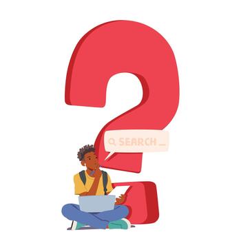 Thoughtful Man Searching For Information On Laptop With Huge Question Mark And Speech Bubble, Signifying Curiosity vector