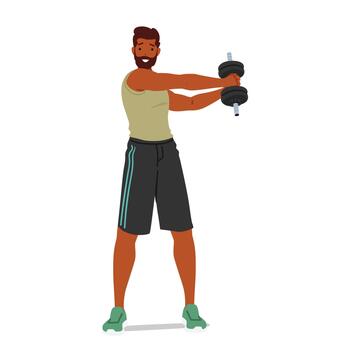 Fit Man Lifts Dumbbell, Working On Strength And Muscle Development. Male Character Focused On Exercise Routine vector