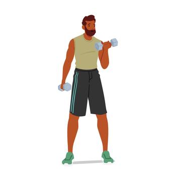 Fit Man Trains With Dumbbells, Character Toning Muscles And Improving Strength. His Focused Exercise Routine vector