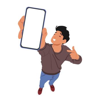 Man Demonstrating Smartphone Features. Male Character Pointing At Screen With Finger, Showcasing Its Capabilities vector