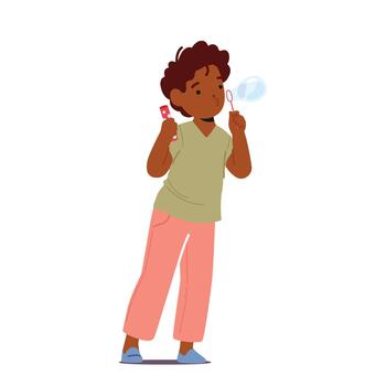 Joyful Child Blowing And Chasing Soap Bubbles, Little African Boy Character Gleefully Popping Them With Laughter vector