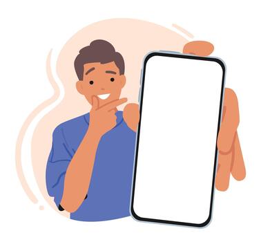 Man Displaying Smartphone Screen. Male Character Sharing Information Or Media With Others. Enhancing Communication vector