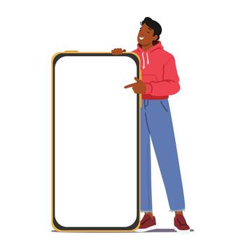 Black Man Character Stand near Huge Smartphone With An Empty Screen, Symbolizing The Digital Age And Technology vector