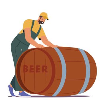 Worker Male Character Wear Uniform Rolls Huge Beer Barrel Using A Combination Of Strength And Balance vector