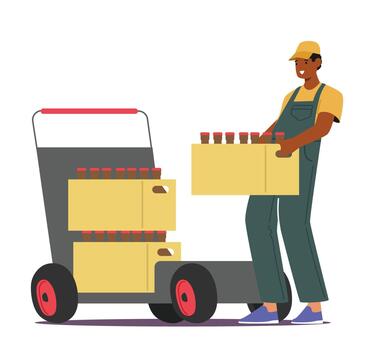 Worker Male Character Efficiently Load Bottles With Brewed Products on Trolley During The Production Process vector