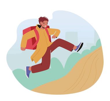 Courier Character with Box on Back Running, Providing Fast, Quick And Efficient Delivery Service Of Food, Packages vector