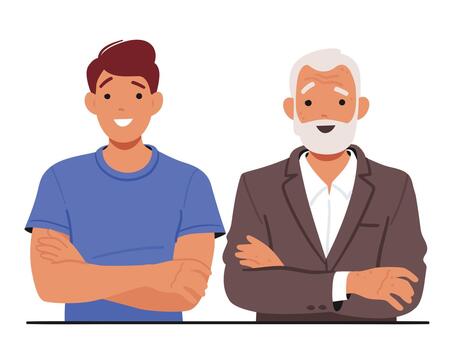 Symbol Of Generational Unity, A Young And Old Man Characters Stand Side By Side, Arms Crossed, Embodying Wisdom vector