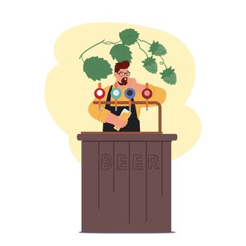 Skillful Bartender Male Character Pour Craft Beer Using Tap System, Ensuring A Smooth And Consistent Pour vector
