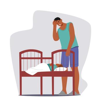 Exhausted Man Character Beside A Wailing Baby In A Crib, Overwhelmed And On The Brink Of Tears, Longing For Some Respite vector