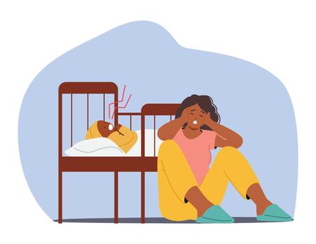 Exhausted African American Mother Character Struggles With Postpartum Depression While Tending To A Crying Baby In A Cot vector