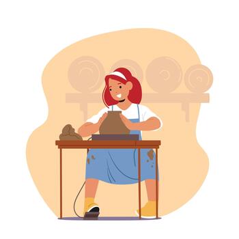 Child Girl Character Engaging In Pottery, Shaping Clay With Hands, Exploring Creativity And Experiencing The Tactile Joy vector