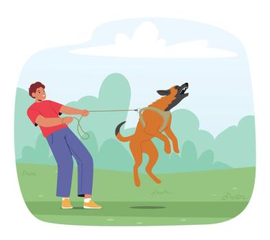 Owner Character Struggling To Control Aggressive Dog On Leash, Displaying Behavior Problems Cartoon Illustration vector