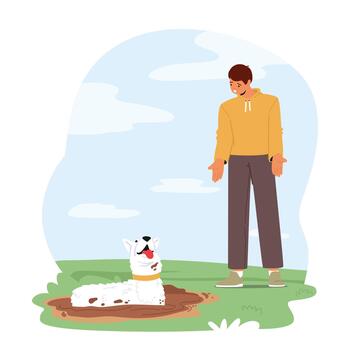 Dog Displaying Undesirable Behavior By Lying In A Dirty Puddle, Possibly Indicating A Behavioral Problem, Illustration vector