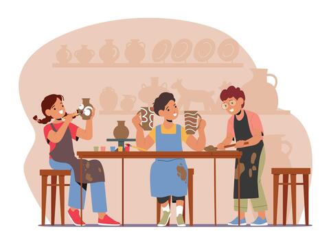 Children Character Engaging In Pottery Making, Exploring Creativity And Tactile Skills. Clay, Molds, Paints And Tools vector
