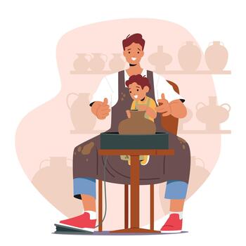 Child And Father Characters Create Pottery Together, Shaping Clay On A Spinning Wheel. Joyful Collaboration, Bonding vector
