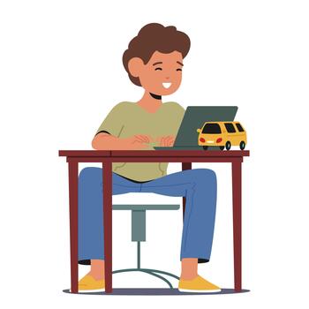 Child Character Engaged In Learning, Seated At A Desk, Focused On Typing On Laptop. Little Boy Exploring Technology vector