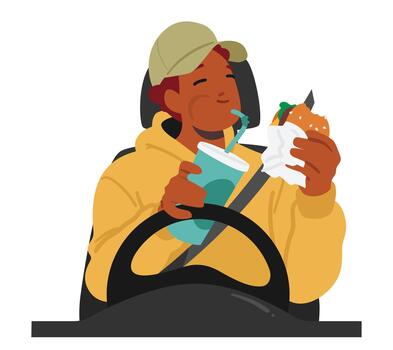 Dangerous Behavior of Man Character Multitasking By Eating While Driving, Posing A Risk To Himself And Others On Road vector