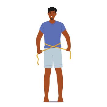 Man Measures His Waist With A Tape, Perceiving Himself As Fat, Emphasizing Body Image Concerns And Self-perception vector
