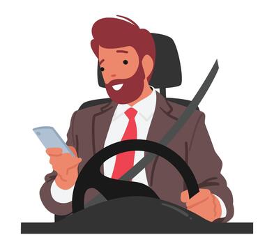Unsafe And Illegal Behavior. Man Character Using Mobile Phone While Driving, Putting Himself And Others At Risk vector