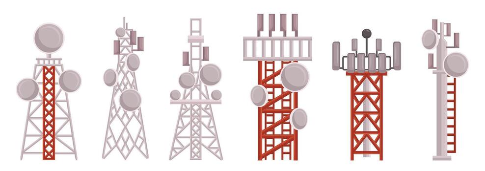 Radio Towers Enable Broadcasting Of Information And Entertainment To Wide Areas. Tall Structures Supporting Antennas vector