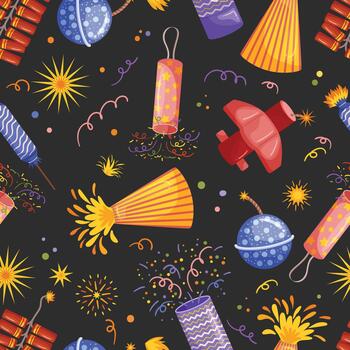Vibrant Seamless Pattern Featuring Intricate Pyrotechnic Design, Radiating Bursts Of Color And Light Illustration vector