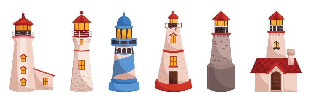 Set Of Beacons Or Lighthouses. Tall Towers With A Bright Light On Top, Used To Guide And Warn Ships At Sea vector