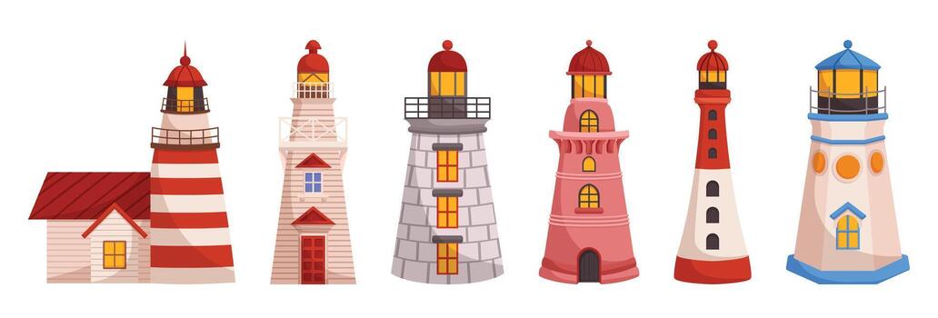 Lighthouse Tall Towers With A Bright Light On Top, Used To Guide And Warn Ships At Sea About Dangerous Areas vector