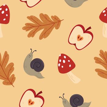 con temática otoñal sin costura modelo presentando un encantador combinación de hojas, caracoles, hongos, y maduro manzanas vector