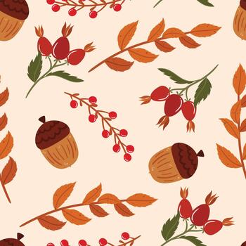 sin costura modelo adornado con otoño hojas, bayas, y bellotas, creando un encantador estacional diseño vector