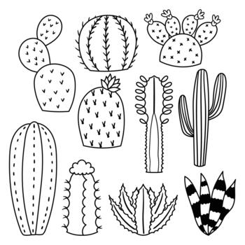 Cacti Linear Icons Are Minimalist, Black and White Simplified Representations Of Cactus Plants, Using Clean Lines vector