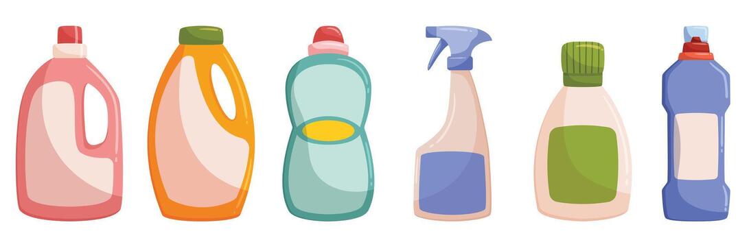 Convenient Detergent Bottles Isolated Set, Efficient For Laundry And Cleaning Tasks. Clear Packaging Allows Easy Use vector