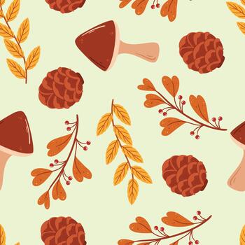 Seamless Pattern Featuring Autumn Leaves, Mushrooms, And Pine Cones, Creating A Beautiful Nature-inspired Tile vector
