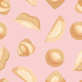 Delightful Seamless Pattern With Various Dumplings Showcased In A Repetitive Design, That Evoke A Sense Of Culinary Joy vector