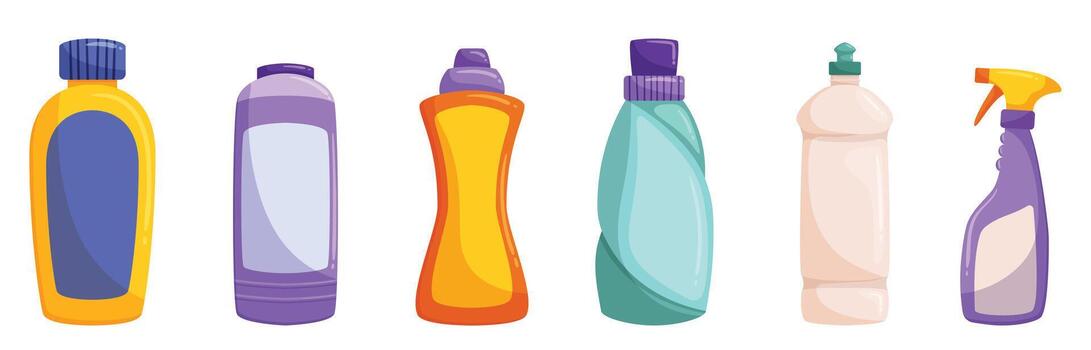 Detergent Bottles, Isolated Set Of Convenient Containers Holding Liquid Soap For Cleaning Clothes And Surfaces vector