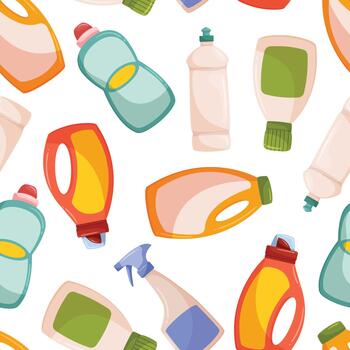 Seamless Pattern Featuring Bottles Of Detergent, Creating A Repetitive Design For Household Or Cleaning-related Projects vector