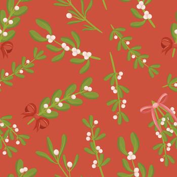 Seamless Pattern With Mistletoe Branches And Ribbons, Creating A Festive And Timeless Repeated Design vector