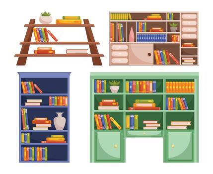 Bookcases or Library Shelves Adorned With An Array Of Books, Offering A Captivating Display Of Knowledge And Stories vector