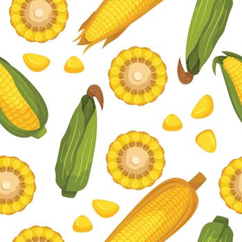 Seamless Pattern With Vibrant Corn Cobs, Husked Ears, Sections and Seeds, Creating A Delightful Design vector