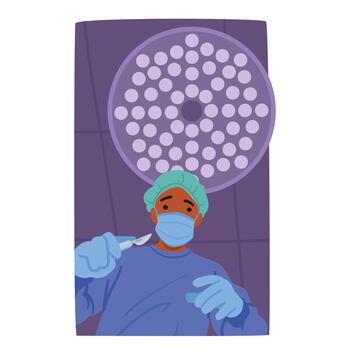 Bottom View Of Surgeon Character With Closed Face Skillfully Wielding A Scalpel During Surgery, Displaying Precision vector