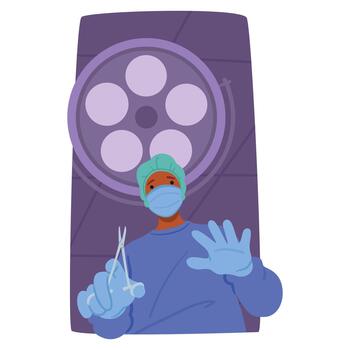 Focused Surgeon Character In Lab Coat Maneuvering With Instruments, Illuminating The Surgical Field, Illustration vector