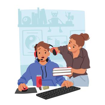 enojado madre personaje molesto a descanso mediante hijo auricular zona y agarrar su atención desde el computadora vector