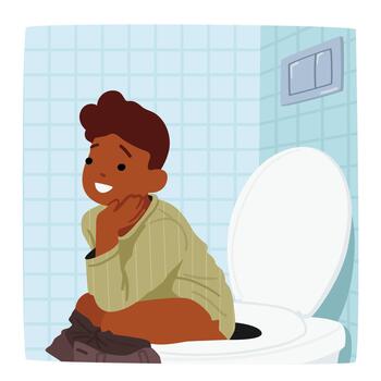 Boy Confidently Using The Toilet, Character Sitting On Pan Showcasing Independence And Proper Hygiene Practices vector