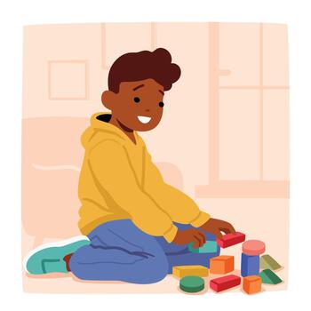 Joyful Boy Character Engrossed In Imaginative Play, Manipulating Toys With Enthusiasm, Fostering Creativity And Learning vector