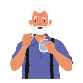 Elderly Man Clasping A Pill In One Hand, A Glass Of Water In The Other. An Image Of Daily Routine And Healthcare vector