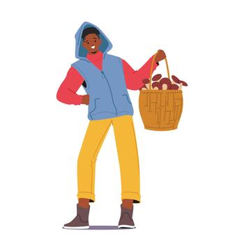 Man Displaying A Large Basket Overflowing With Assorted Mushrooms, Showcasing His Impressive Harvest vector